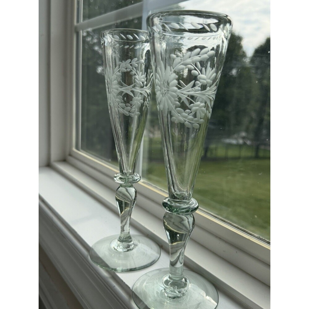 Rios Interiors Hand Blown Etched Champagne Flutes Set of 2 Floral Glass 10” Boho